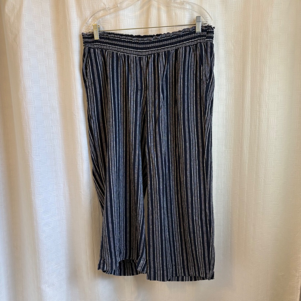 Land 'n Sea Navy Striped Wide Leg Crop Pants Linen Blend Plus Size 1X